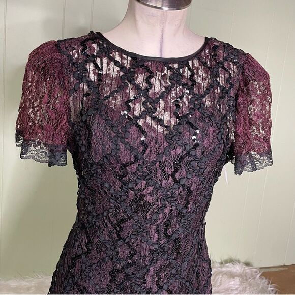 Vtg Black Lace Sequins Basque Drop Waist Flutter Sleeves Dress‎ Whimsigoth 10 - Picture 4 of 9